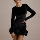 Black Velvet Long Sleeve Puff Trim Bodycon Mini Dress-Outfit