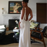 White Satin Strap Backless Maxi Dress-Outfit