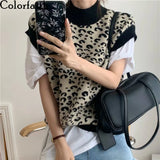 2021 New Spring Winter Women Sweaters Pullover Leopard Sleeveless Korean Style Knitted Vintage Wild Vests