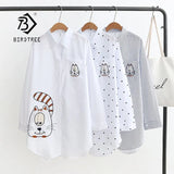 Arrival Big Face Cat Embroidery Long White Blouse Casual Striped Dot Cotton Shirt Loose Plus Size Top Feminina Blusa