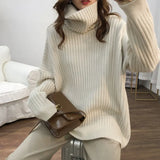 Lazy Wind Foreign Style High Collar Sweater Female Autumn Winter Versatile Show Thin Casual Soft Waxy Sweater Jacket-Outfit