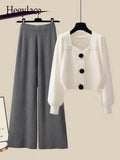 Knit Sets Womens Outfits French Vintage Square Collar Knitted Sweater And Wide Leg Pants Two Pieces Sets Office Lady