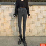 Fongt Double-Button Small Foot Jeans Women's Fall 2024 New Summer Slim Show Thin Nine Minutes Tight Black Pants-Outfit