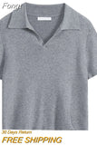 Knitted Basic Solid T-shirt Women Vintage Casual Short Sleeve Turn-down Collar Tee Shirts 2023 Korean Fashion Female