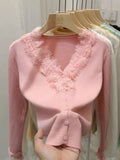 Sweet Soft Wool Cardigan Slim Women Patched Lace V Neck Full Sleeve Solid Color Autumn Spring Sweater Shirts-Outfit