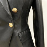 Fall Winter 2023 Designer Blazer Jacket Women's Lion Metal Buttons Double Breasted Synthetic Leather Blazer