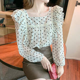 Women's Clothing Square Collar Polka Dot Printing Chiffon Blouses for Women Summer Autumn 2023 Chic Korean Top Ruffles