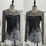 Real Shooting Fashion Leopard Tard Tard Babes Mesh Splicing Denim Irregular Bottom Shirt Short Top