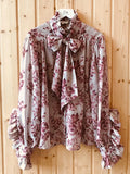 Tingfeng's PINK PETAL printed bow tie, pressed folding lotus leaf long sleeved shirt