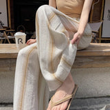 Fongt Silk Cotton Striped Broad Leg Pants Women Summer Thin Silk Linen Suit Pants Loose Straight Tug Trousers