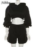Autumn Casual Two Piece Set Women Solid Hooded Pullover Tops+Elastic Waist Shorts Female Streetwear Sporty Outfits-Outfit