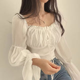 Vintage Lace-Up Square-Neck Puff Sleeve Blouse-Outfit