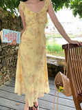 Fongt Xixi 2025 Summer New Korean Version Of High-Waisted Holiday Sling Dress V-Neck Print Pure Desire Skirt 88268