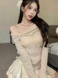 Shoulder Sweet Sweaters Women Spring Female Korean Fashion Sweater Clothes Long Sleeve Knitwear Pullover Short Tops