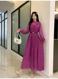 Fongt 2025 New Sweet Bow Heavy Industry Waist Display Thin Folding Solid Color Chiffon Long Sleeve Dress