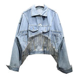 And Summer 2023 New Denim Outerwear Loose Diamond Chain Tassel Streetwear Turn-Down Collar Jacket