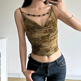 Print Knit Beaded Sling Small Vest Female 2024 Spice Girl Pleated Swing Collar Show Back New Top-Outfit