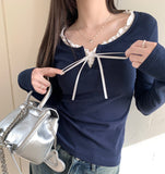 Lace Trim Front Tie Long Sleeve Tee-Outfit