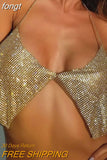 Shiny Rhinestones Halter Camisole For Women Sexy Backless Deep V Neck See Through Crop Top Summer Beach Tank