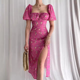 Fongt Women's Clothing 2026 Summer Bubble Sleeves Slim Sexy Thin Side Open-Print Dress Women