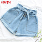 Women Pockets Denim Shorts with Slash 2021 Summer Vintage High Elastic Waist Female Short Pants Mujer