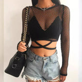 Fongt Wind Grid Stitched Cross-Tieed Air-Screen Sunscreen Shirt Sexy Perspective Shorts Umbilly T-Shirt Top