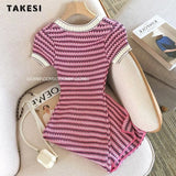 Women Short Sleeve Round Neck Striped Luxury Sheath Mini Dresses 2023 Summer Patchwork High Waist Slim Fit Knitting