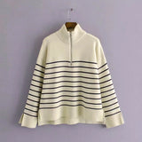 New Autumn Women High Collar Stripe Sweaters Pullovers Warm Minimalist Color Matching Knit Shirt Lady Zipper