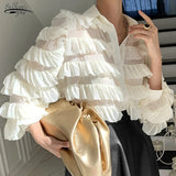 New Korean Heavy Work Cupcake Ruffles Blouse Women Turn Down Collar Long Sleeve Tops Loose Blusas Ol Feminino Shirt