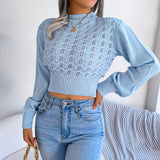 Fongt And Winter Street Wind Solid Color Hollow Striped Lantern Sleeve Open Umbilly Knitted Sweater Women's Clothing