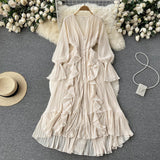 Fongt Sexy Solid Color V-Neck Pleated Flounce Flared Sleeve To The Dress-Outfit