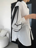 TWOTWINSTYLE Straight Patchwork Shirt For Women Lapel Lantern Sleeve Colorblock Loose Blouses Female Clothing Style 2022