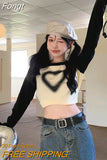 Vintage Slim Long Sleeve T Shirts Women Y2K Harajuku Heart Print Crop Tops Kpop Grunge Casual Patchwork Aesthetic