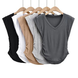 Trend Women's Vest Loose V-Collar Arc Hem Small Flying Sleeves Short Sleeves Solid Color Slim Pullover Pullover-Outfit