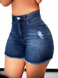 High Waist Elastic Slim Hole Tassel Denim Shorts Woman-Outfit