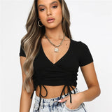 Ladies Solid Slim Basic T-shirts Short Sleeve V Neck Ruched Drawstring Ribbed Crop Top Women Club Fashion Stylish