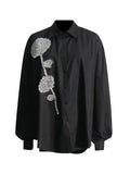 Fongt Spring New Fashion Temperament Stand Collar Heavy Industry Water Diamond Flowers Inlaid Loose Show Thin Women's Long Sleeve Shirt-Outfit
