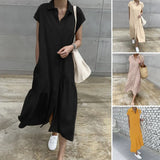 Elegant Summer Long Shirt Dress Women Lapel Neck Short Sleeve Solid Loose Work Sundress Robe Femme Maxi