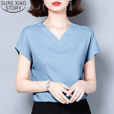 Lady Solid V-neck Blouse Women Summer 2022 Short Sleeve Casual Silk Satin Shirts Casual M-4XL Loose Tops Clothes