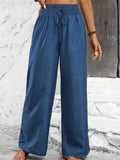 Fongt Hot Women's Solid Color Folded Waist Loose Broad-Legged Straight Trousers