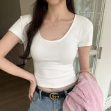 Version Of White U-Collar Slim Short-Sleeved T-Shirt Women's New Summer High-Waisted Slim And Thin