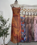 Sexy Tie-Dye Print Dress Waist Folded Folded Black Back Mesh Slings Long Skirt
