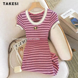 Women Short Sleeve Round Neck Striped Luxury Sheath Mini Dresses 2023 Summer Patchwork High Waist Slim Fit Knitting