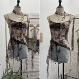 Spice Girls Newspaper Tie-Dye Printing Net Waste Vest Irregular Rope Ribbon
