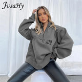 Autumn Letter Print Hoodies for Women Harajuki Style Turtleneck Zipper Long Sleeves Loose Pullovers Casual