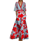 Fongt Women's Fashion Elegant Temperament V-Neck Print With Large Skirt Dress Dress Woman