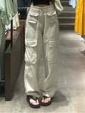 New Vintage Women Fashion White High Waist Casual Jeans Loose Omighty Wide Leg Pocket Cargo Pants Solid Overalls