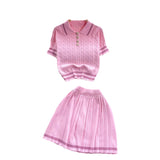 Fongt New Knitted Shirt Two Sets Of Women Retro Short-Sleeved Top + High-Waisted Folded Skirt