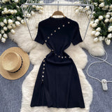 Fongt Temperament Half-High Collar Short-Sleeved Dress Female Design Button-Skinny Open Fork Medium Long Knitting Skirt