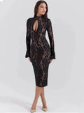 Black Lace Front Slit Long Sleeve Midi Dress-Outfit